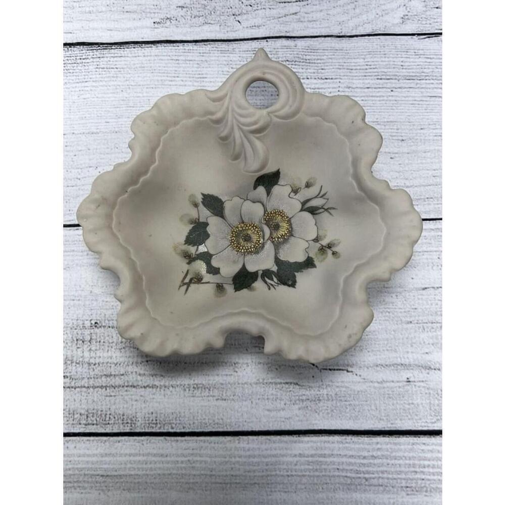 Vintage Porcelain Jewelry Trinket Dish Hand painted Dogwood flowers